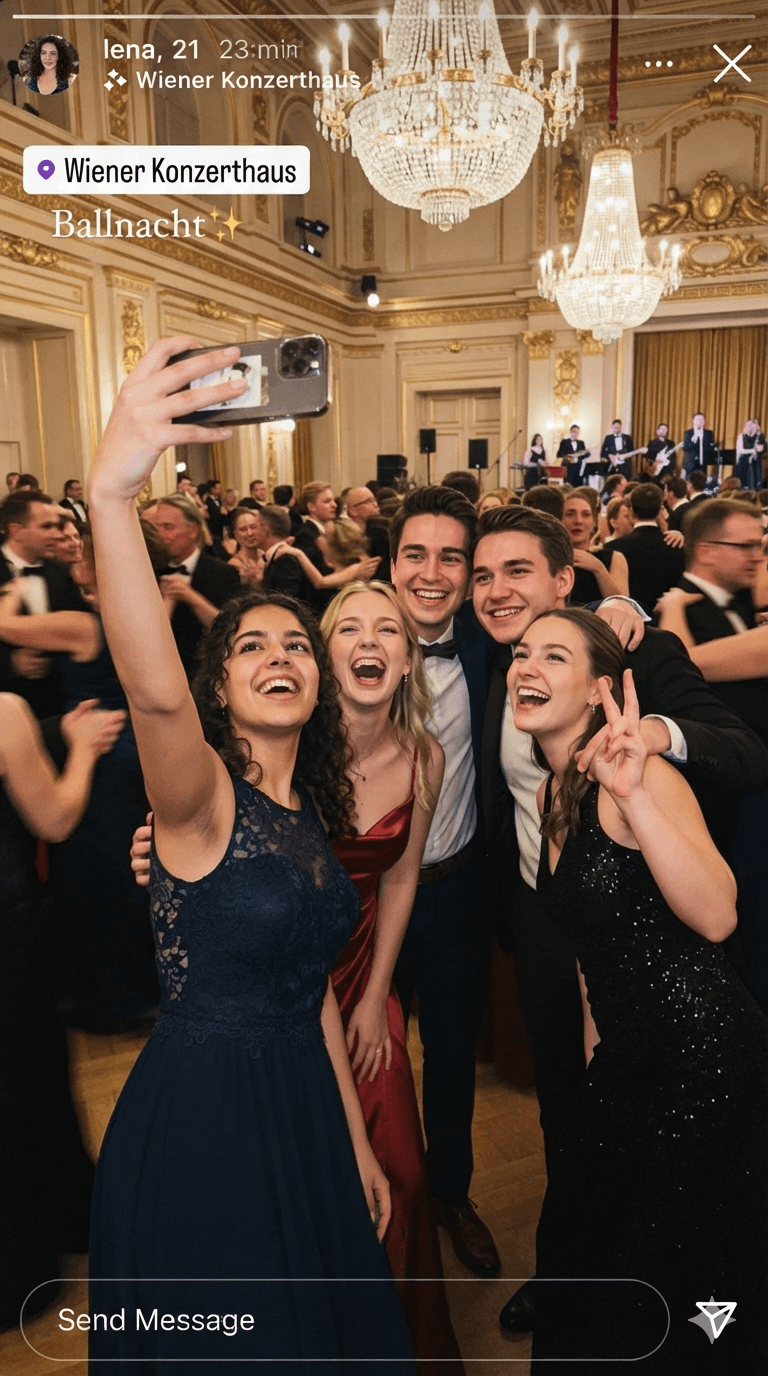 Gruppe in Abendgarderobe auf einem Ball