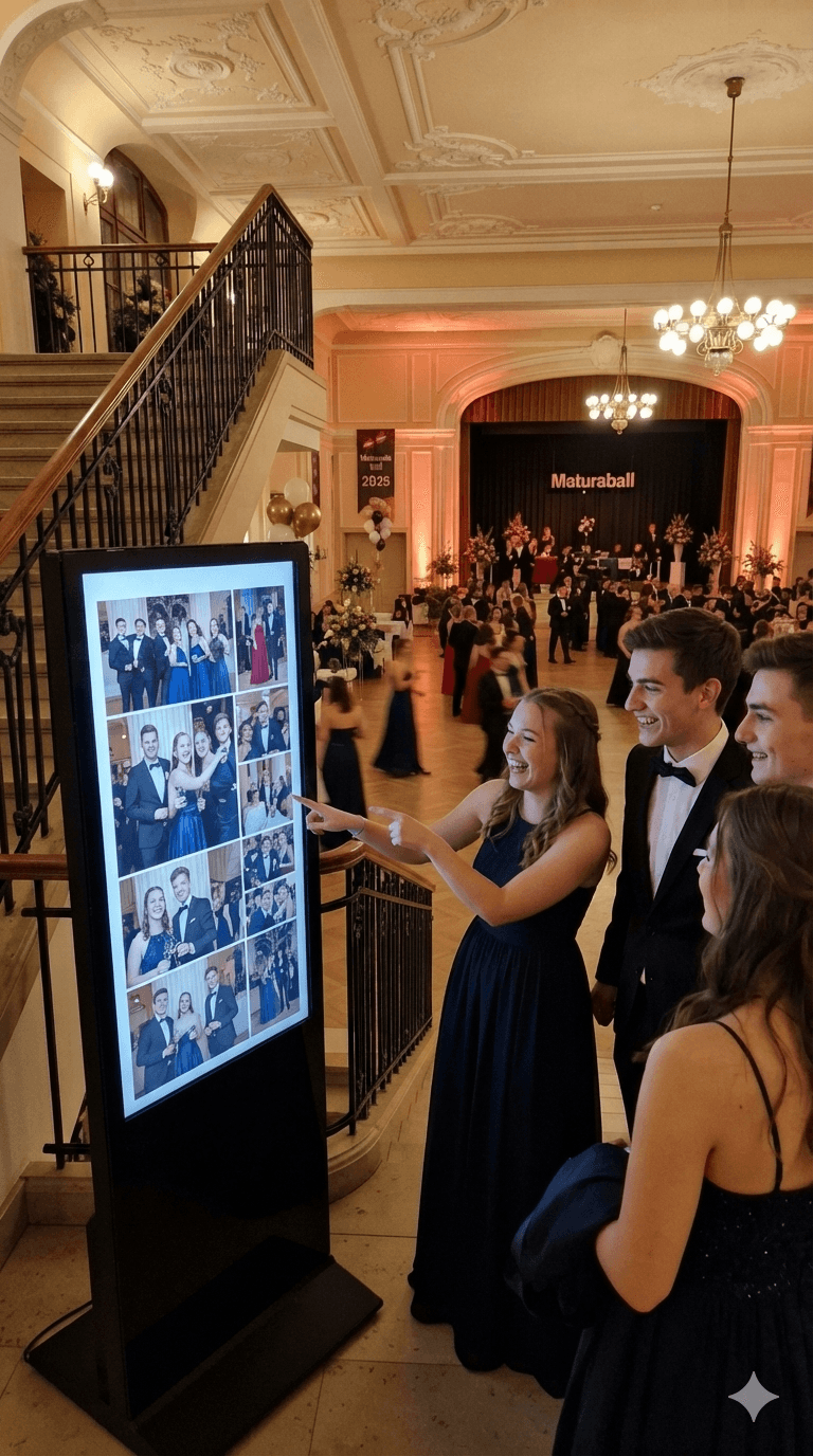 Das Board auf einem Ball, Gäste betrachten die Fotowand an der Treppe